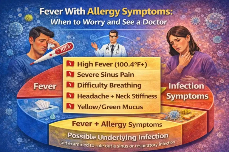 Infographic explaining when fever with allergy symptoms may require medical attention, highlighting warning signs such as high fever, severe sinus pain, breathing difficulty, stiff neck, and thick yellow or green mucus that may indicate an underlying infection.
