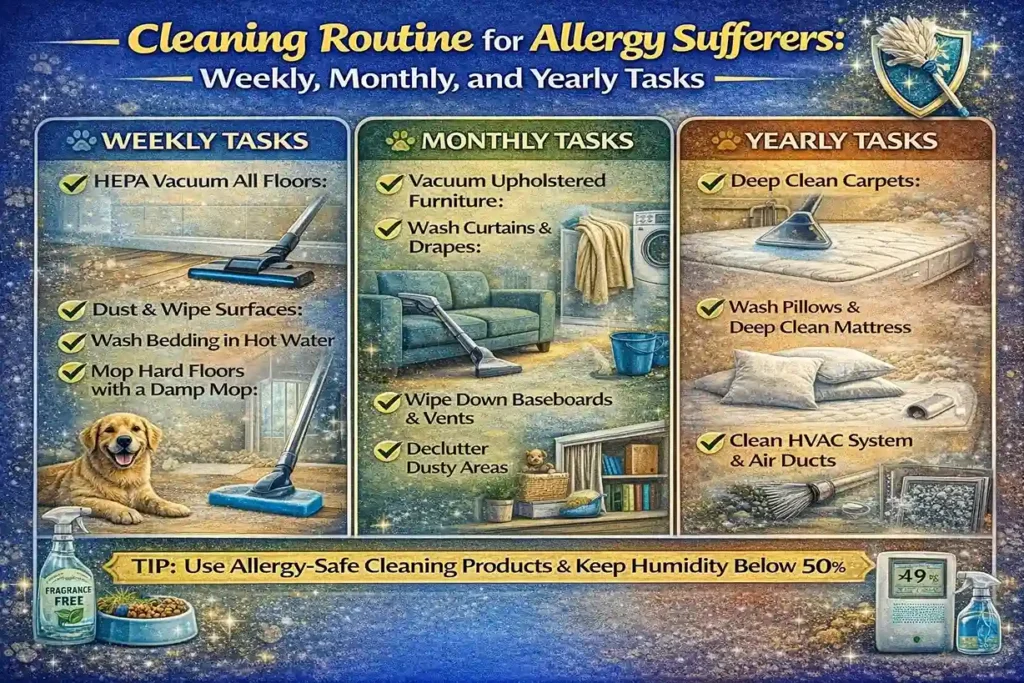 Infographic outlining a cleaning routine for allergy sufferers with weekly, monthly, and yearly tasks. Weekly tasks include HEPA vacuuming, dusting, and washing bedding; monthly tasks cover vacuuming upholstered furniture and washing curtains; yearly tasks include deep cleaning carpets and mattresses. Tips for using allergy-safe cleaning products and keeping humidity below 50% are also provided.
