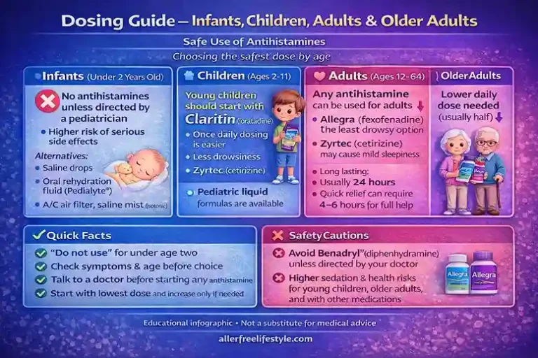 Infographic dosing guide for antihistamines showing safe use for infants, children, adults, and older adults with age-based precautions and safety tips.