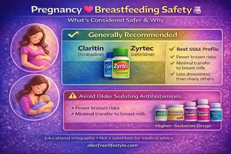 Infographic showing safer antihistamine options during pregnancy and breastfeeding, highlighting Claritin and Zyrtec and warning about older sedating antihistamines.