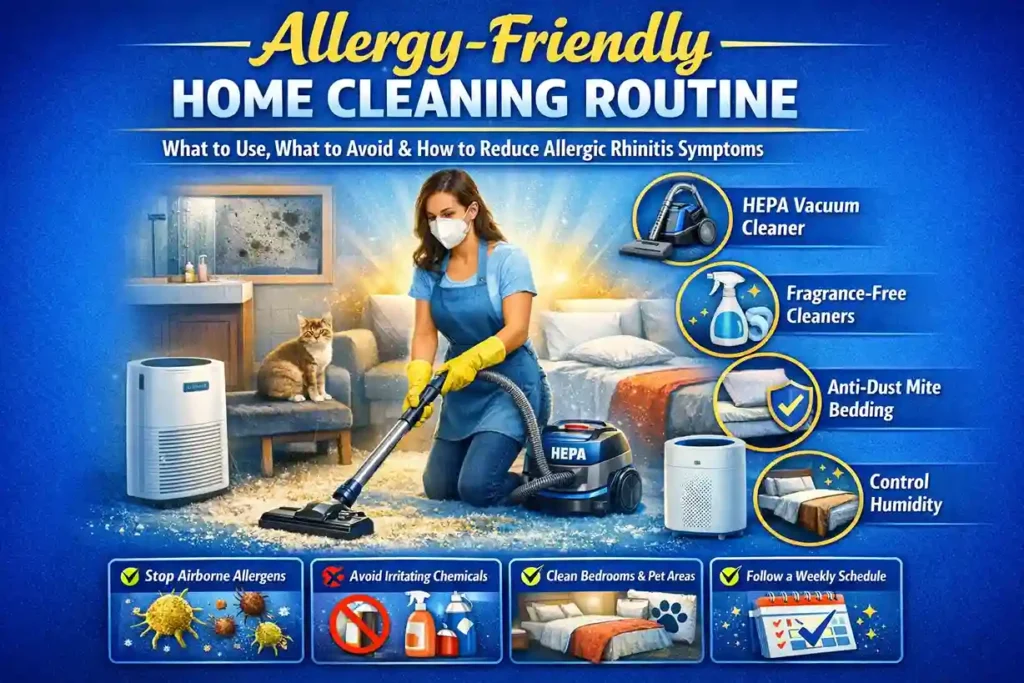 A woman using a HEPA vacuum cleaner in an allergy-friendly home cleaning routine, featuring fragrance-free cleaners, anti-dust mite bedding, and an air purifier. Key items are highlighted with icons in a blue background for maximum visibility and readability