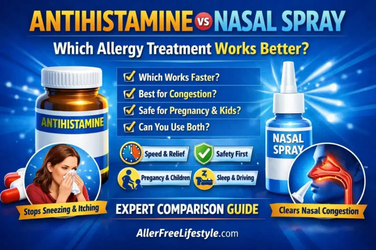 A vibrant, high-quality image comparing antihistamines and nasal sprays for allergy treatment, showcasing both products with checkmarked benefits for congestion, safety, pregnancy, and more.