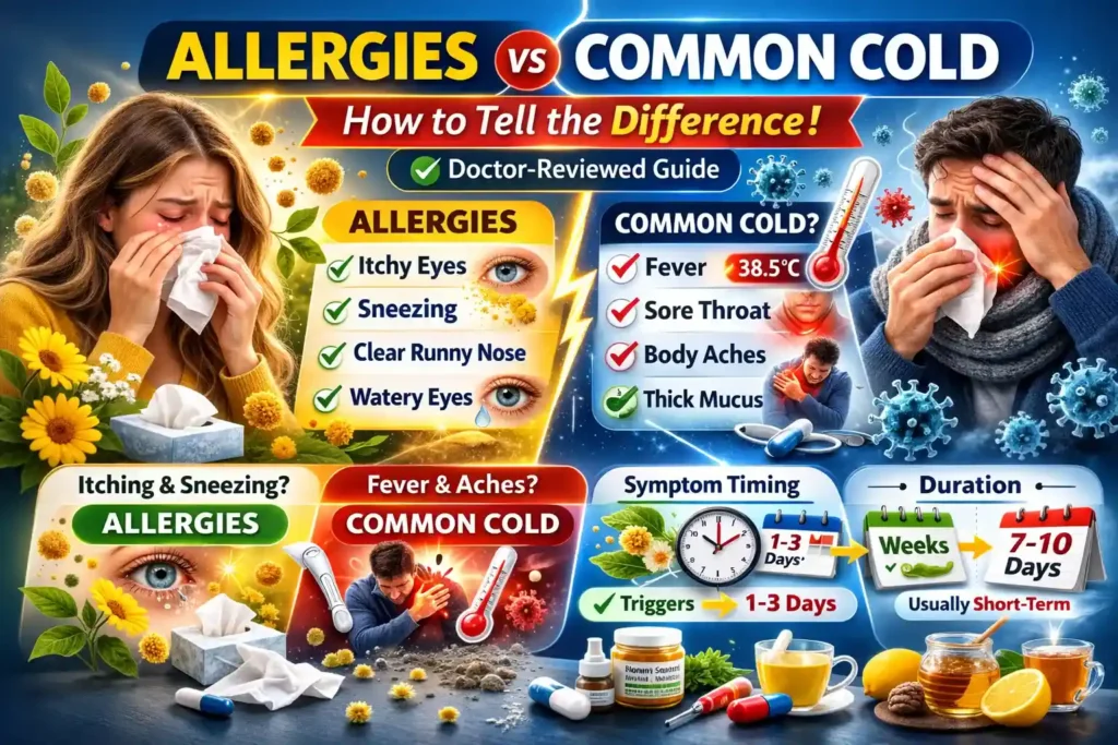 Allergies vs common cold symptoms comparison showing itching, sneezing, fever, mucus, and duration differences