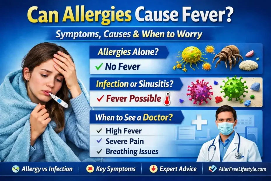 Can allergies cause fever infographic showing differences between allergies and infection, symptoms, and when to see a doctor