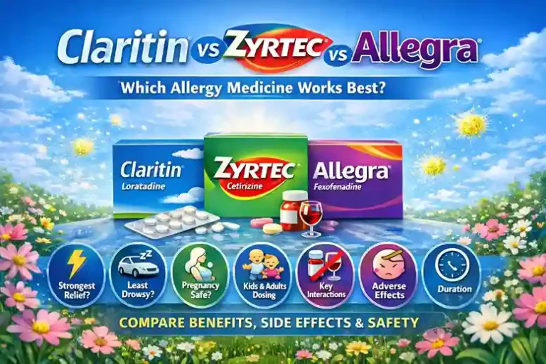 Infographic comparing Claritin vs Zyrtec vs Allegra showing effectiveness, drowsiness, pregnancy safety, dosing, interactions, and adverse effects of allergy medicines.