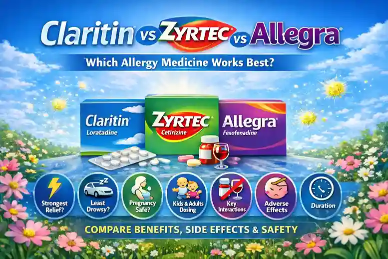 Infographic comparing Claritin vs Zyrtec vs Allegra showing effectiveness, drowsiness, pregnancy safety, dosing, interactions, and adverse effects of allergy medicines.