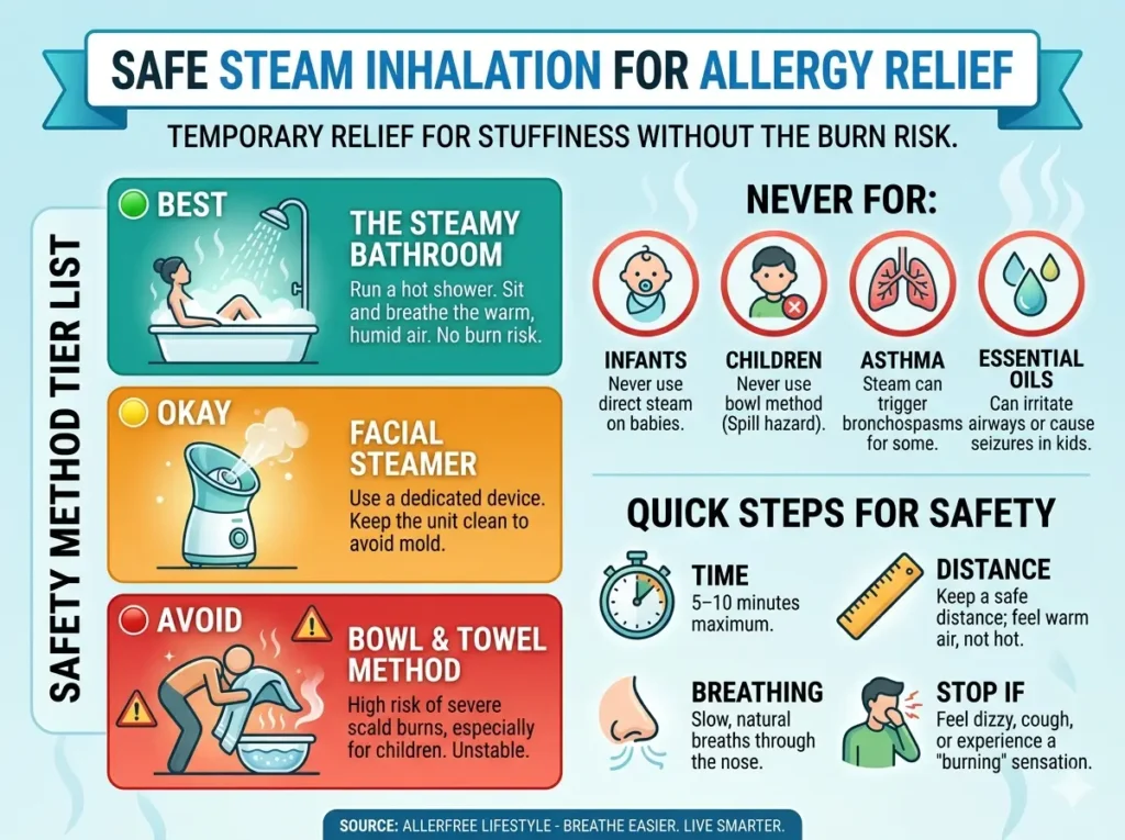Infographic ranking the best steam inhalation methods for allergy relief by safety, highlighting the steamy bathroom method as safest and warning against the bowl-and-towel method for children.