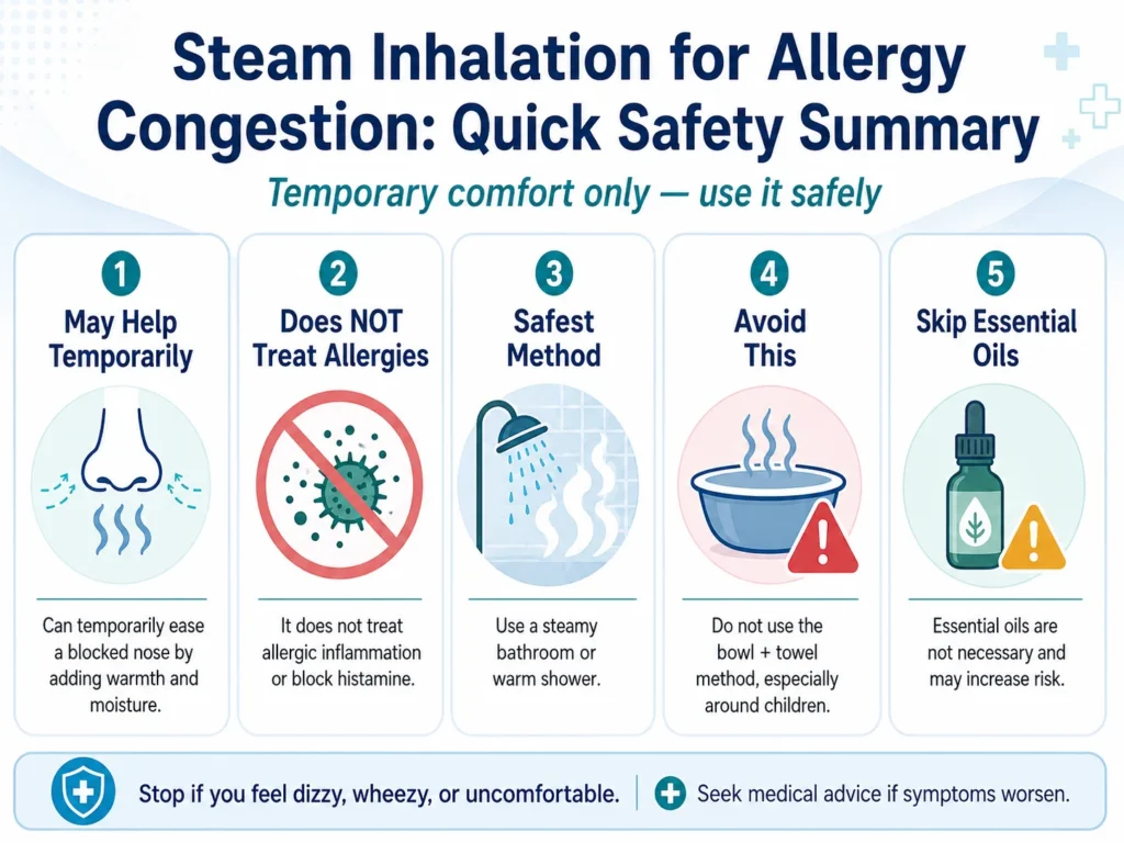 Quick safety summary of steam inhalation for allergy congestion, including temporary relief, safest steam method, bowl-and-towel warning, and avoiding essential oils