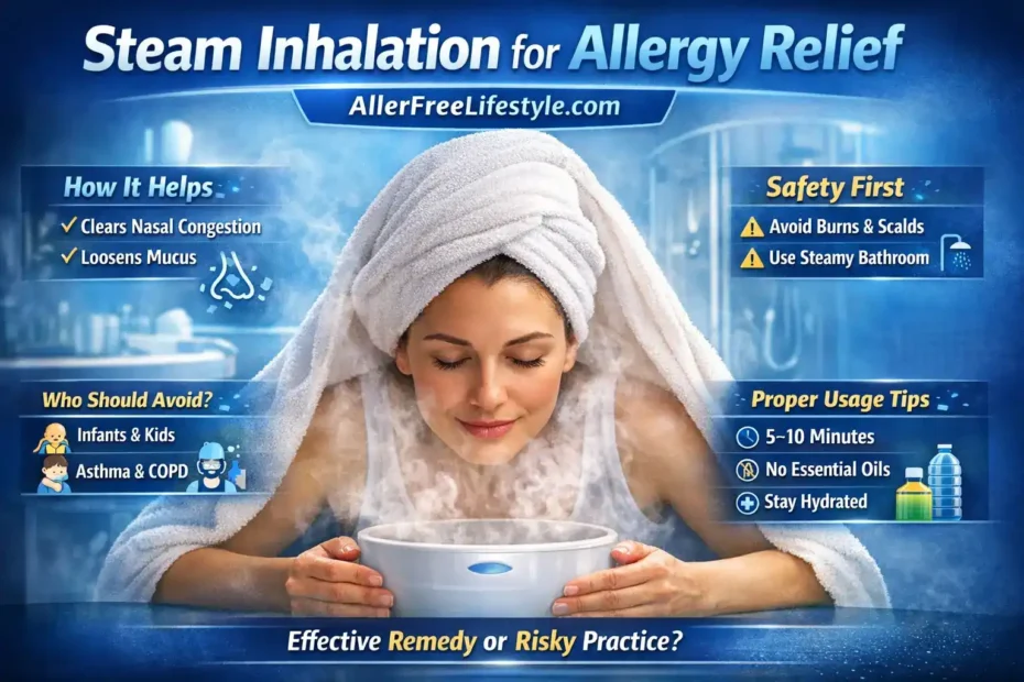 Steam inhalation for allergy relief showing safe method, nasal congestion relief, and burn risk awareness in a clinical blue background