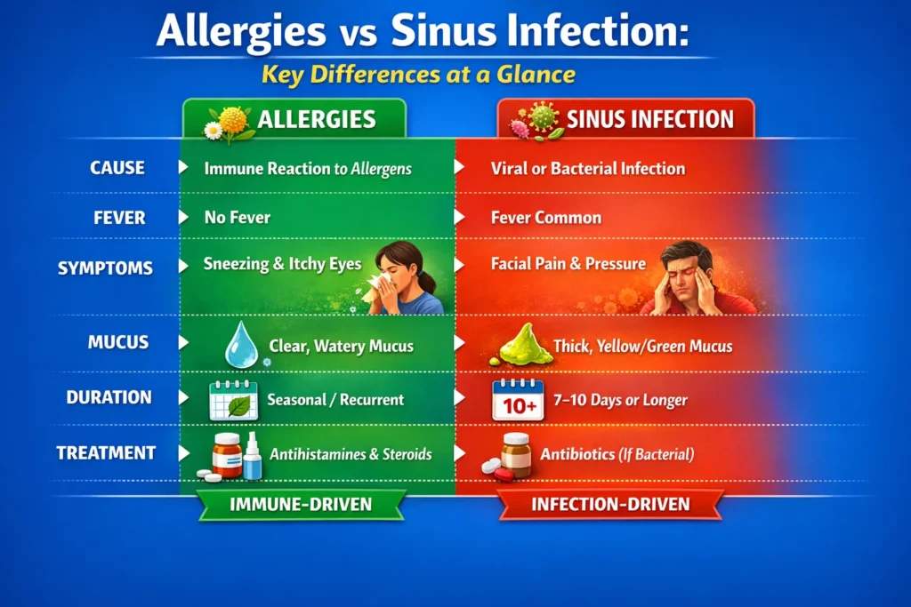 Infographic comparing allergies and sinus infection, highlighting differences in cause, fever, symptoms, mucus, duration, and treatment.