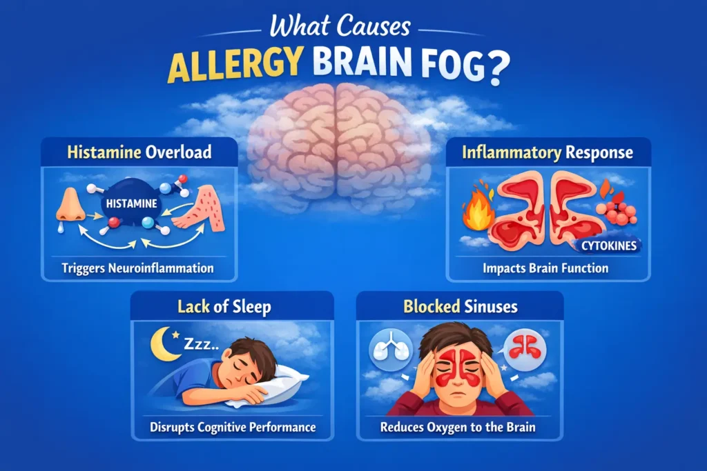 Infographic explaining causes of allergy brain fog including histamine overload, inflammation, poor sleep, and sinus congestion affecting cognitive function