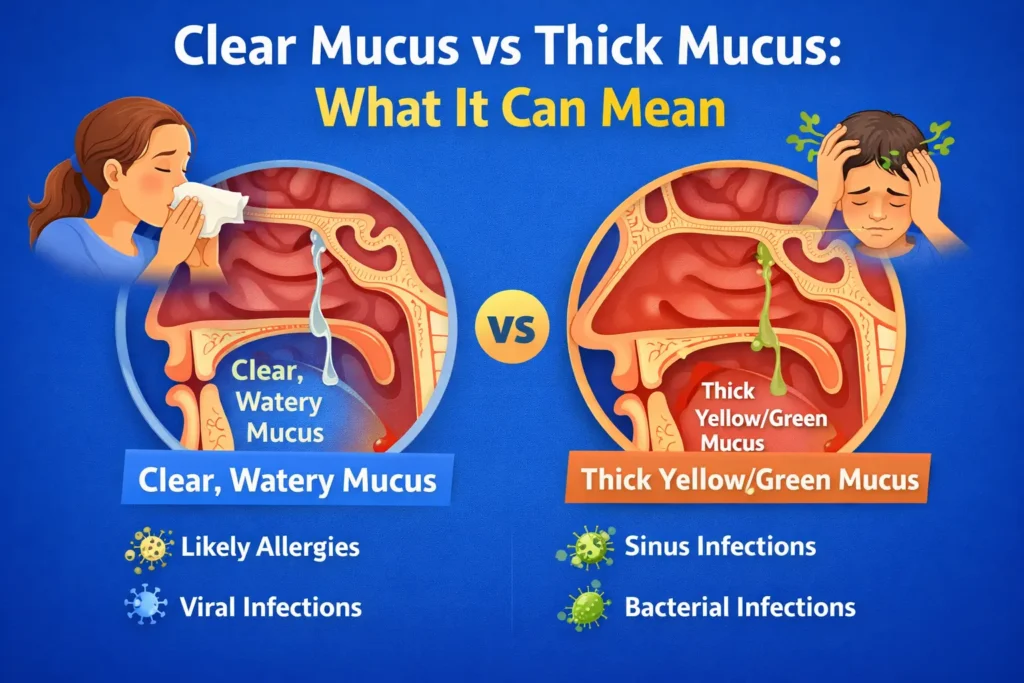 Infographic comparing clear, watery mucus with thick yellow or green mucus in post-nasal drip, showing that clear mucus is more often linked with allergies while thick mucus may occur with sinus infection or other inflammation.