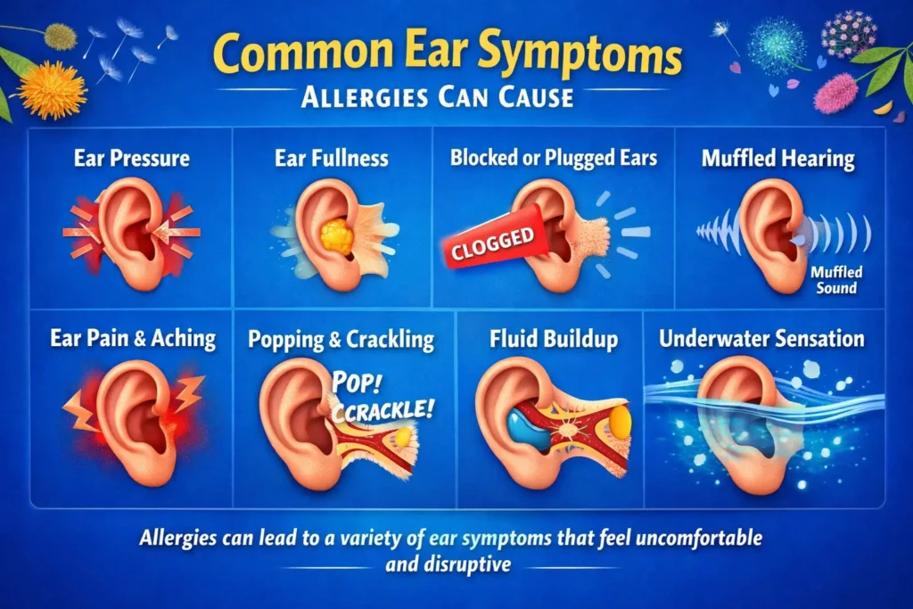 Infographic showing common ear symptoms caused by allergies including ear pressure fullness blocked ears muffled hearing popping crackling fluid buildup and ear pain