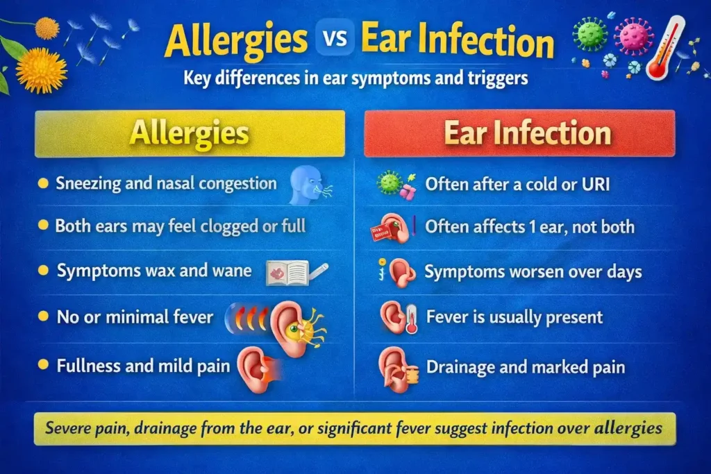 Infographic comparing allergies vs ear infection symptoms including ear pressure fullness sneezing congestion versus severe pain fever drainage and worsening symptoms