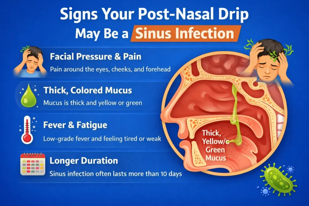Infographic showing signs that post-nasal drip may be related to a sinus infection, including facial pressure and pain, thick colored mucus, fever and fatigue, and symptoms lasting longer than 10 days.