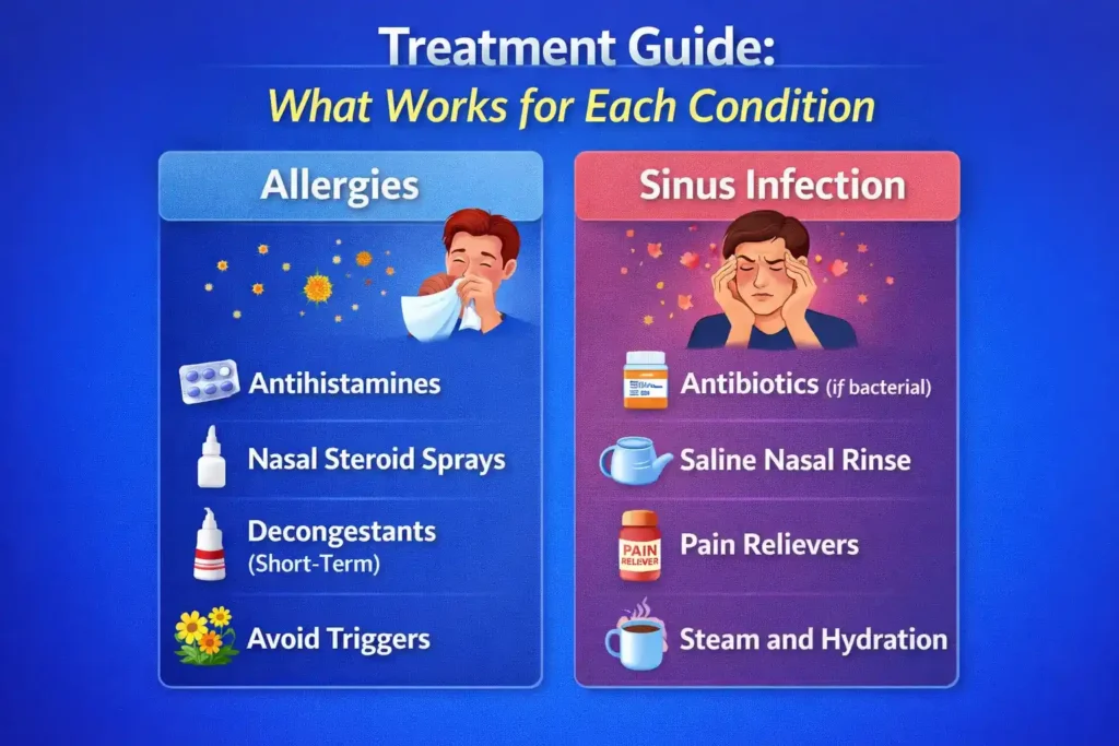 Infographic comparing what works for allergies versus sinus infection, including antihistamines, nasal steroid sprays, decongestants, saline rinse, pain relievers, steam, and antibiotics when bacterial.