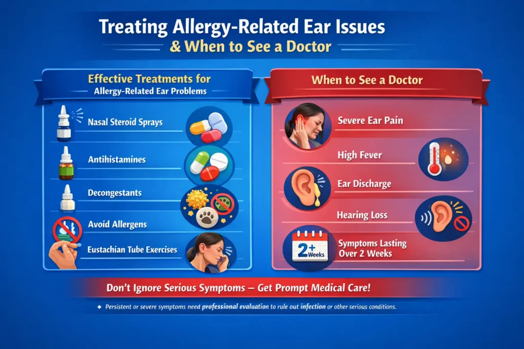 Infographic showing treatment for allergy related ear pressure including nasal sprays antihistamines decongestants allergen avoidance and when to see a doctor for severe pain fever hearing loss or persistent symptoms