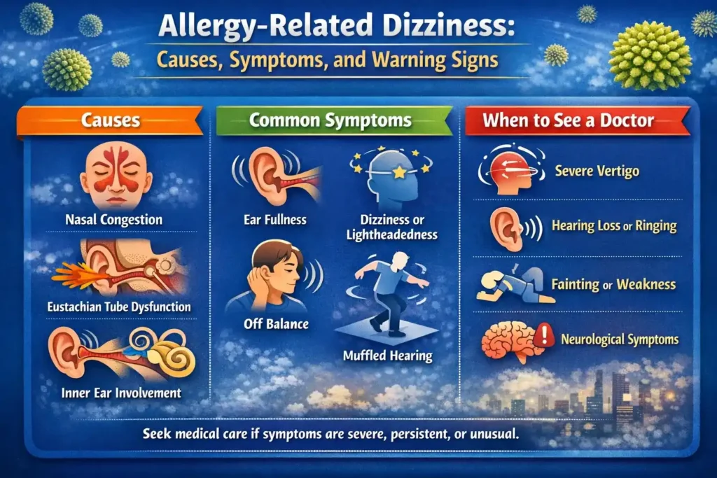 Infographic summarizing allergy-related dizziness, showing common causes such as nasal congestion, Eustachian tube dysfunction, and inner ear involvement, along with symptoms like ear fullness, lightheadedness, imbalance, muffled hearing, and warning signs that need medical evaluation