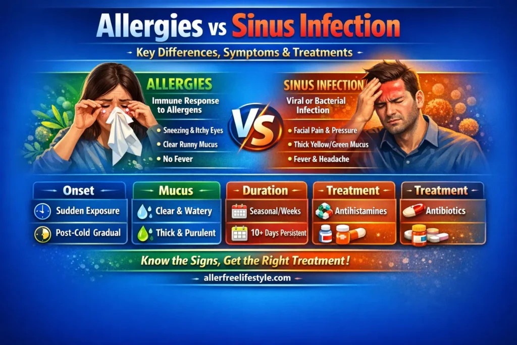 Infographic comparing allergies vs sinus infection, showing key symptoms, mucus type, duration, onset, and treatment differences for easy patient education.
