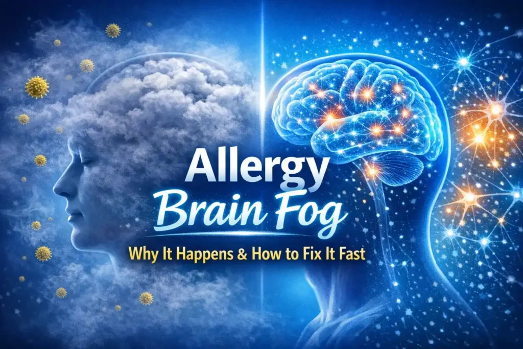 Allergy brain fog infographic showing foggy vs clear brain, explaining causes like histamine and inflammation and how to fix brain fog fast