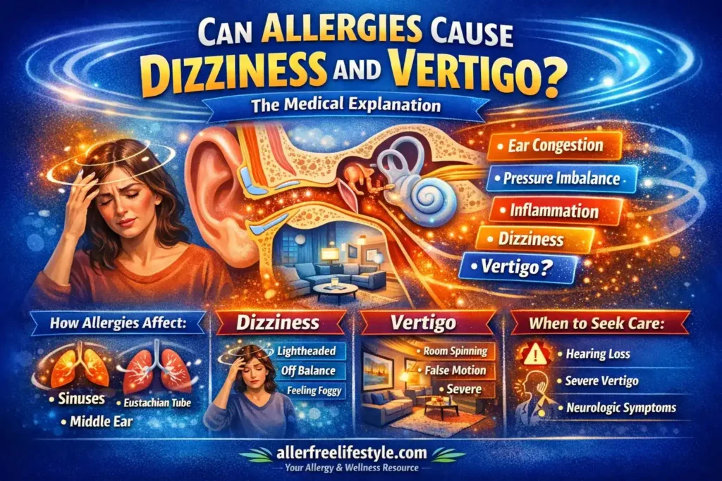 Infographic showing that allergies can cause dizziness and sometimes vertigo, featuring an illustrated ear cross-section, sinus and Eustachian tube visuals, a person feeling dizzy, and key points about ear congestion, pressure imbalance, inflammation, symptoms, and warning signs for seeking care