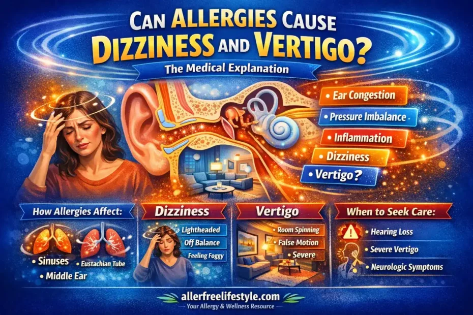 Infographic showing that allergies can cause dizziness and sometimes vertigo, featuring an illustrated ear cross-section, sinus and Eustachian tube visuals, a person feeling dizzy, and key points about ear congestion, pressure imbalance, inflammation, symptoms, and warning signs for seeking care