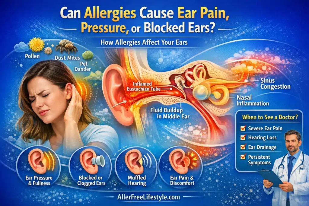 Can allergies cause ear pain, pressure, or blocked ears infographic showing Eustachian tube inflammation, fluid buildup, and allergy triggers like pollen dust and pet dander