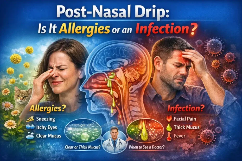 Hero image for an article about post-nasal drip showing a side-by-side comparison of allergies versus infection, with a central nasal passage illustration and visual symptom cues such as sneezing, itchy eyes, facial pain, thick mucus, and fever.
