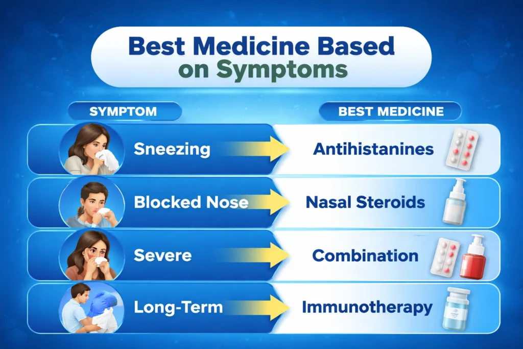 Best medicine for allergic rhinitis based on symptoms infographic showing antihistamines, nasal steroids, combination therapy and immunotherapy