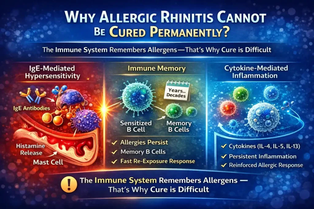 “why allergic rhinitis cannot be cured permanently IgE hypersensitivity immune memory cytokine inflammation infographic”