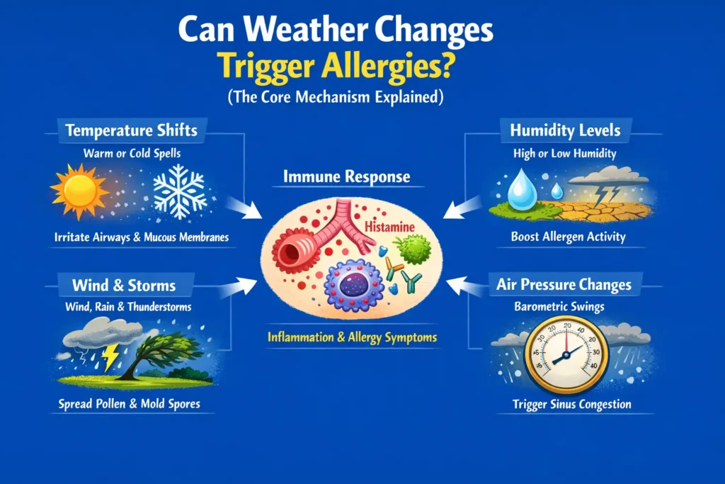 Infographic explaining how temperature shifts, humidity, wind, rain, and air pressure can increase allergen exposure and trigger immune responses that worsen allergy symptoms