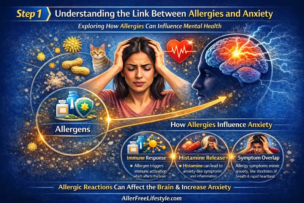 Infographic titled 'Step 1: Understanding the Link Between Allergies and Anxiety.' The image explains how allergens can trigger anxiety by showing a woman experiencing distress with allergy-related triggers like pollen, peanuts, and pet dander. It highlights immune responses, histamine release, and symptom overlap with anxiety, using vibrant colors and clear icons to demonstrate the connection between allergies and mental health.