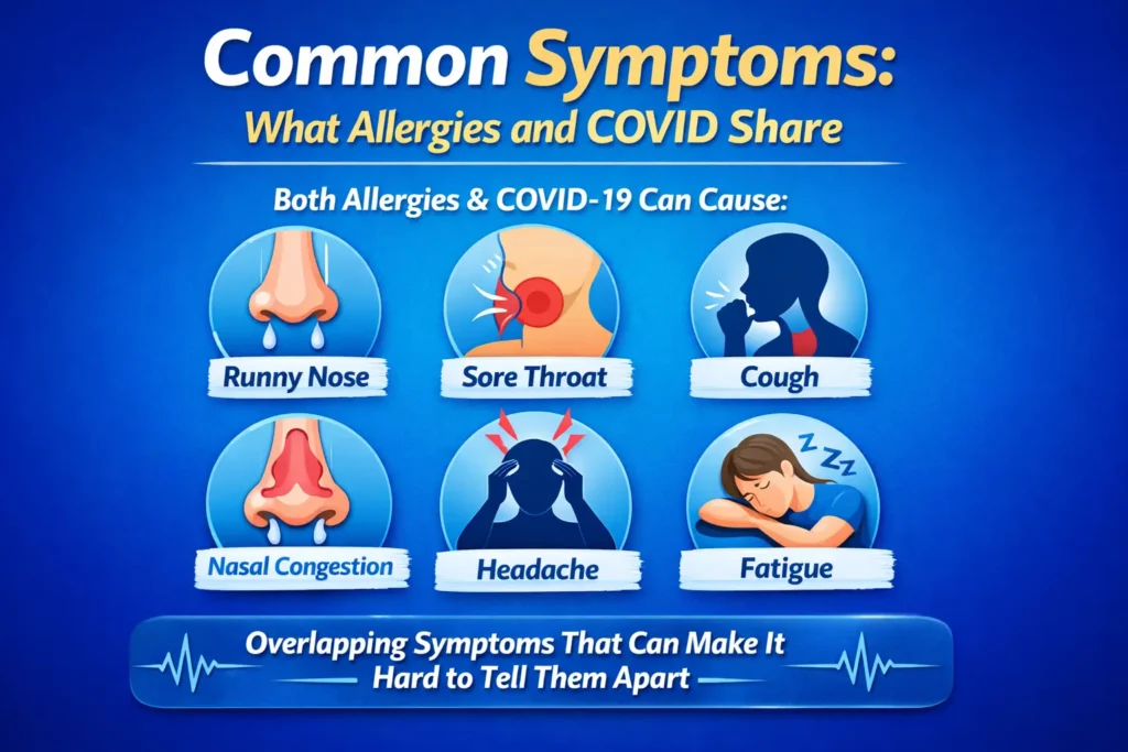 Infographic showing common symptoms shared by allergies and COVID-19, including runny nose, nasal congestion, sore throat, cough, headache, and fatigue.