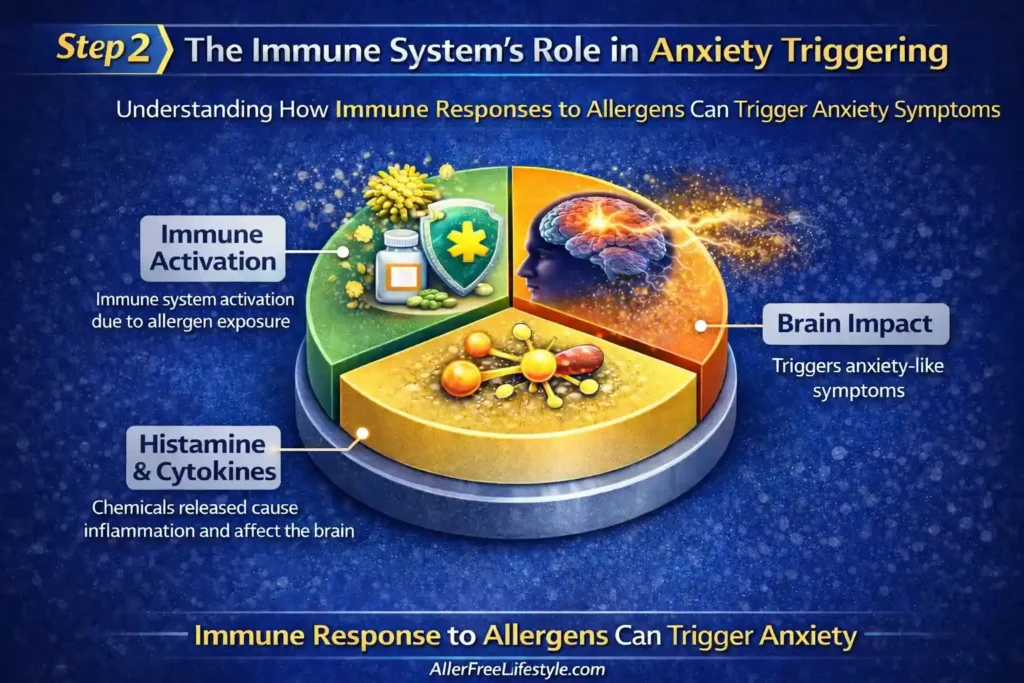 Infographic titled 'Step 2: The Immune System's Role in Anxiety Triggering'. The image explains how immune responses to allergens can trigger anxiety symptoms. It features a colorful 3D pie chart with three sections: 'Immune Activation' showing immune response, 'Histamine & Cytokines' explaining the release of chemicals affecting the brain, and 'Brain Impact' illustrating the effect of these responses on brain function. The chart highlights how allergic reactions can lead to anxiety-like symptoms."