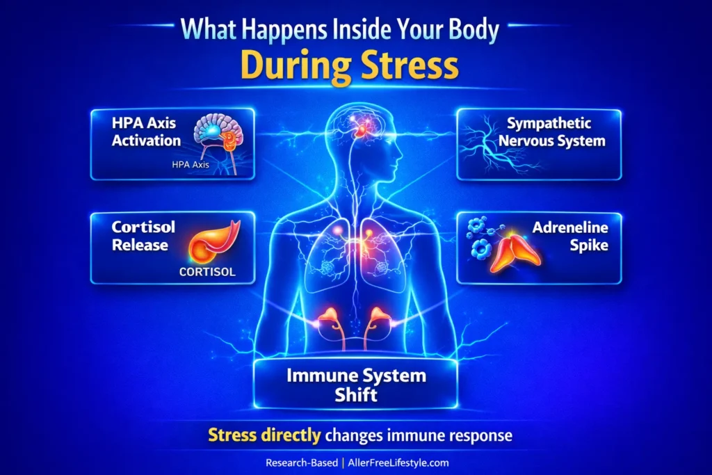Medical infographic showing what happens inside the body during stress, including HPA axis activation, sympathetic nervous system response, cortisol release, adrenaline spike, and immune system changes
