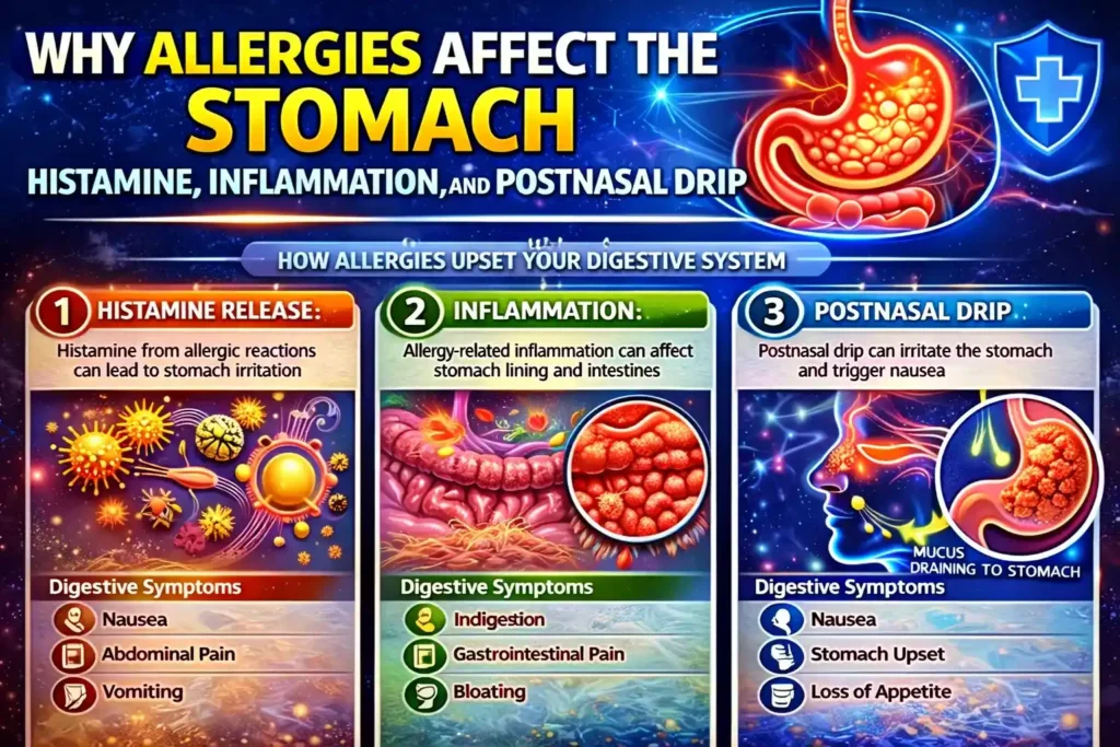 Infographic explaining why allergies affect the stomach through histamine release, inflammation, and postnasal drip that can lead to nausea and digestive discomfort