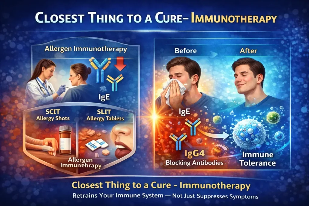 allergen immunotherapy infographic showing SCIT vs SLIT IgE to IgG4 immune tolerance and long-term allergy remission”
