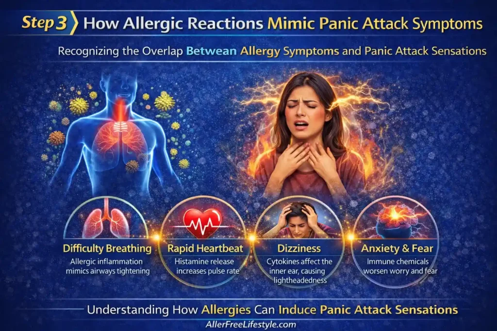 Infographic titled 'Step 3: How Allergic Reactions Mimic Panic Attack Symptoms.' The image shows how allergy symptoms overlap with panic attack sensations, including difficulty breathing, rapid heartbeat, dizziness, and anxiety. Key icons and descriptions explain how allergic inflammation, histamine release, cytokines, and immune chemicals contribute to these overlapping symptoms, presented with a striking blue background.