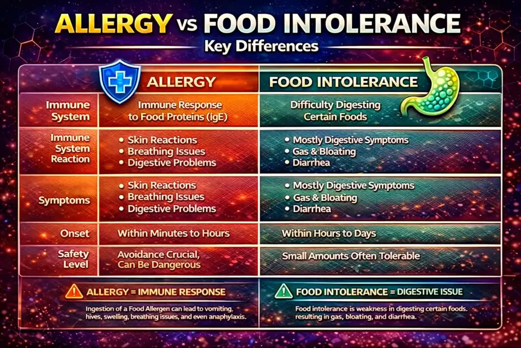 3 allergy vs food intolerance key differences bar graph infographic