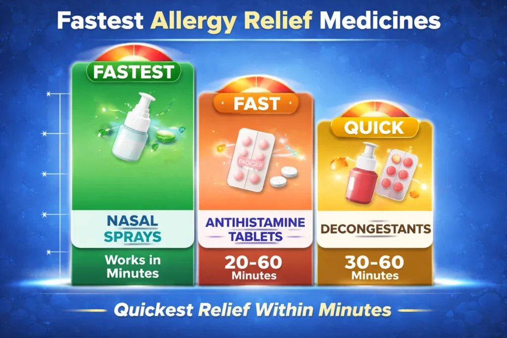 Fastest allergy relief medicines bar graph comparing nasal sprays, antihistamines and decongestants based on onset time in minutes