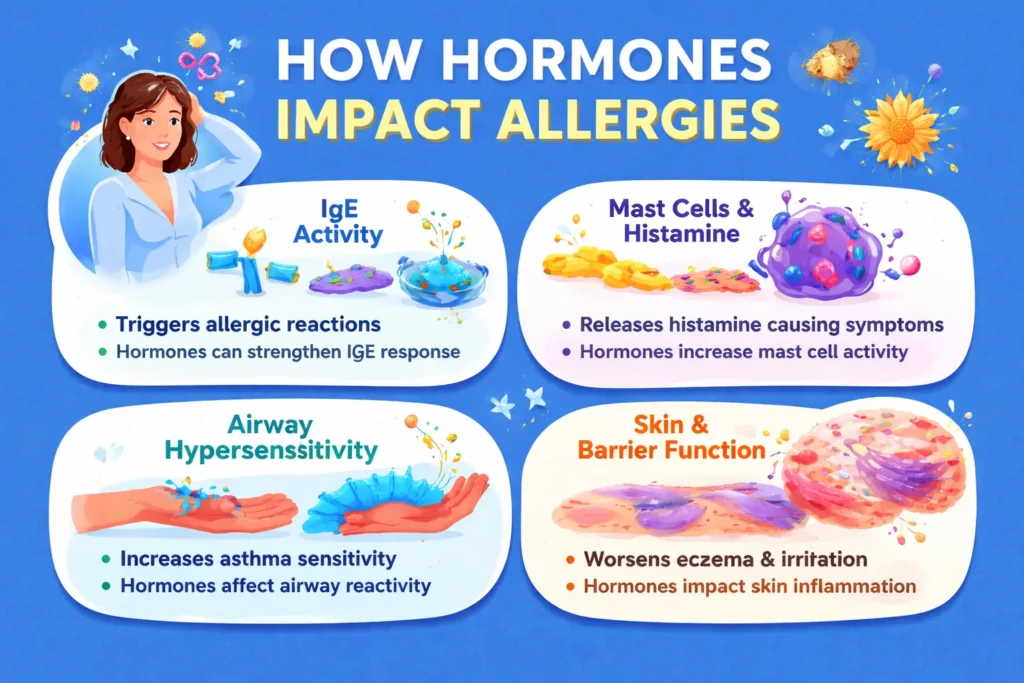 3 hormones allergy pathways ige mast cells airway skin infographic