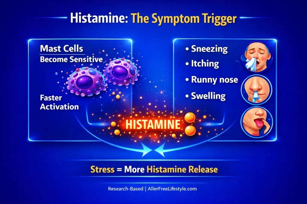 Medical infographic showing why histamine increases during stress, with mast cells becoming more sensitive, faster activation, and stronger allergy symptoms such as sneezing, itching, runny nose, and swelling