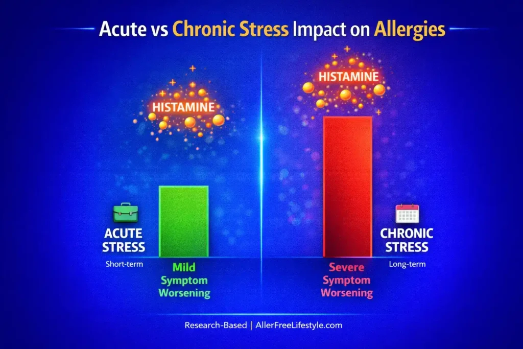 Infographic comparing the impact of acute vs chronic stress on allergies, showing mild symptom worsening for acute stress and severe symptom worsening for chronic stress, with histamine levels highlighted.