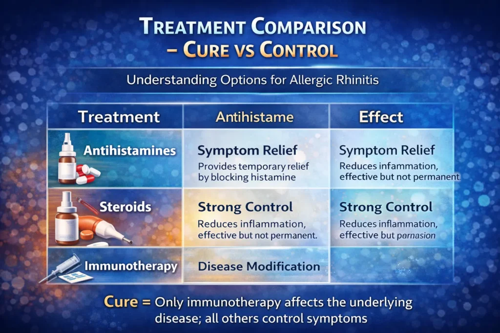“allergic rhinitis treatment comparison infographic antihistamines vs steroids vs immunotherapy cure vs symptom control chart”