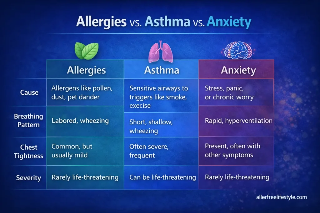 Comparison infographic showing differences between allergies, asthma, and anxiety including causes, breathing patterns, chest tightness, and severity