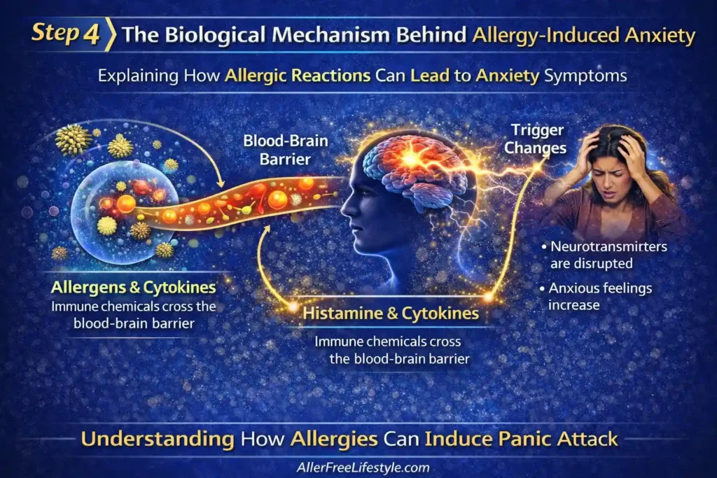 Infographic titled 'Step 4: The Biological Mechanism Behind Allergy-Induced Anxiety.' The image illustrates how allergens trigger immune responses that cross the blood-brain barrier, affecting brain activity and leading to anxiety symptoms. It features visual representations of allergens, cytokines, and histamine, with arrows