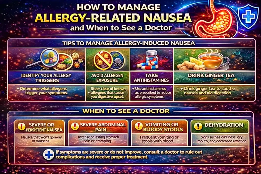Infographic showing how to manage allergy related nausea and when to see a doctor for severe or persistent digestive symptoms