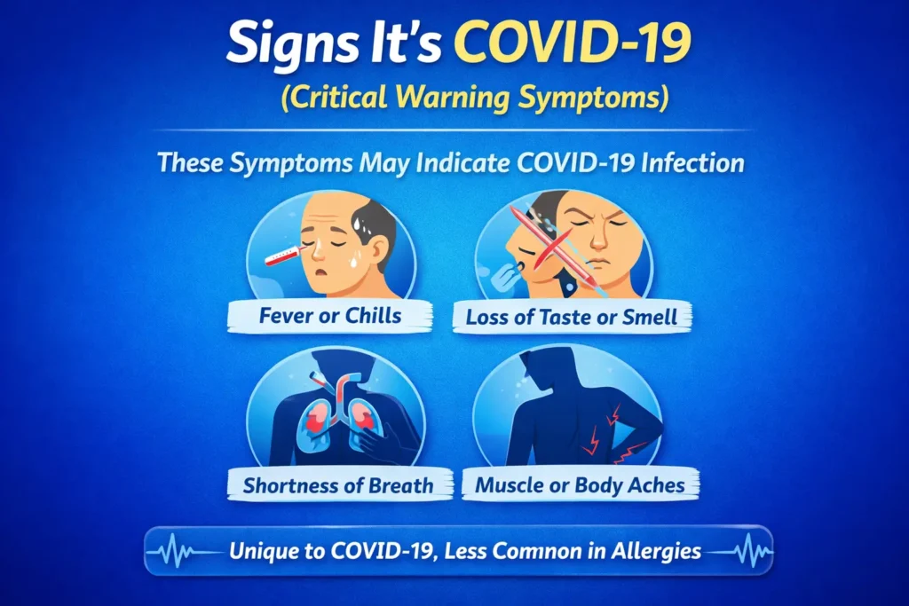 Infographic comparing allergies and COVID-19 symptoms side by side, highlighting key differences such as itching and sneezing in allergies versus fever, body aches, and loss of smell in COVID-19.