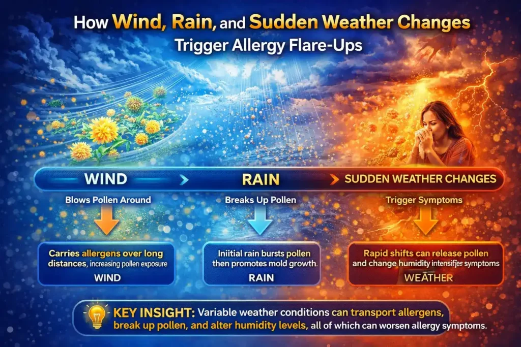 Infographic showing how wind spreads pollen, rain changes allergen behavior, and sudden weather shifts can trigger allergy flare-ups and worsen symptoms