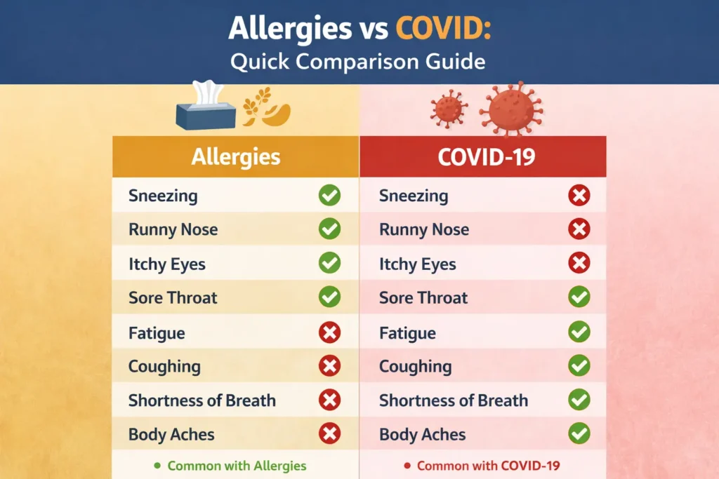 5 allergies vs covid quick comparison guide infographic
